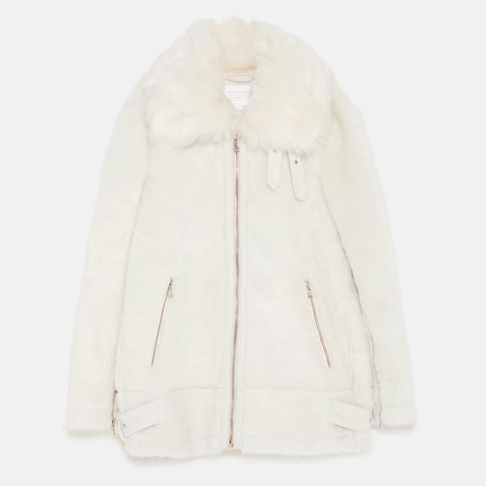 Zara off white Ecru Faux Fur Biker Jacket Coat